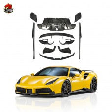 Комплект Углеродного Волокна для Ferrari 488 Upgrade N Style: Передний Диффузор, Спойлер, Боковые Юбки. Черный Блеск.
