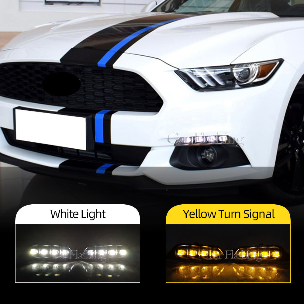 Светодиодные дневные ходовые огни Ford Mustang 2015-2023, водонепроницаемые, желтый поворот, белый цвет

